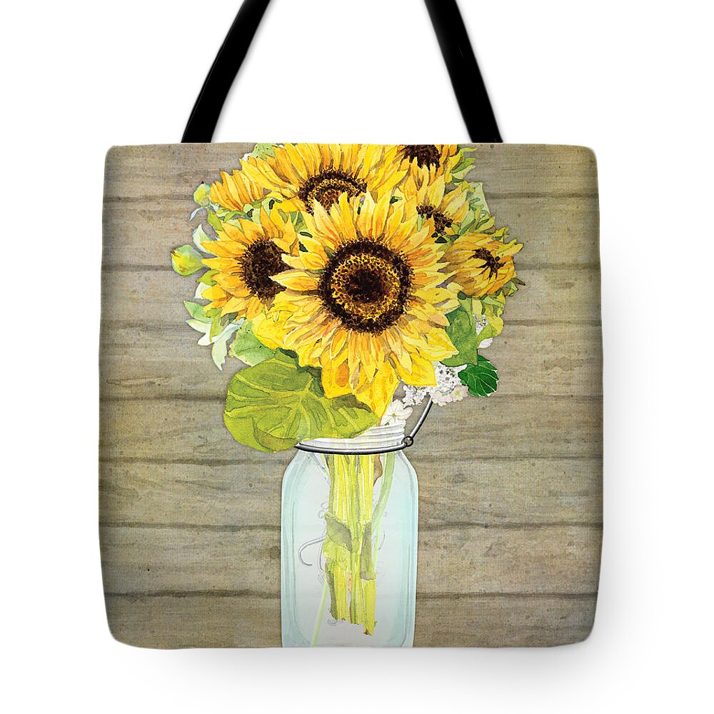 Watercolor Tote Bag featuring the painting Rustic Country Sunflowers in Mason Jar by Audrey Jeanne Roberts