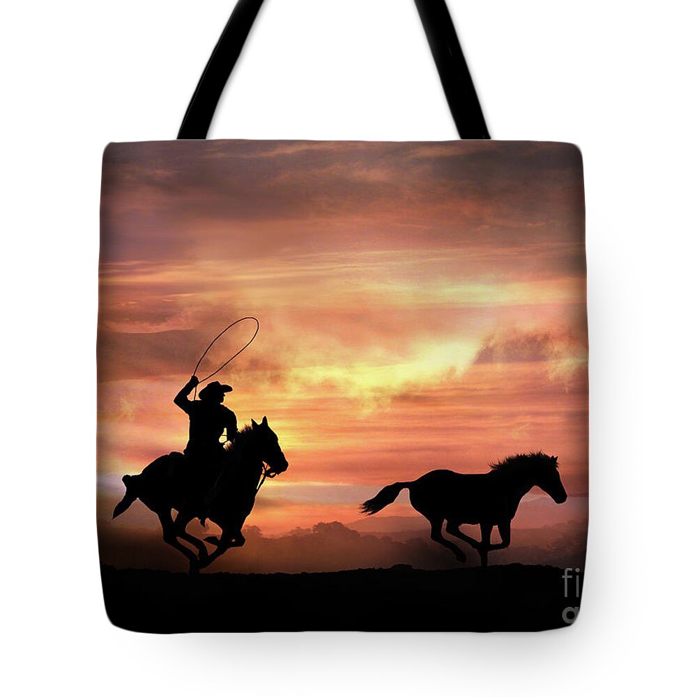 Cowboy Tote Bag featuring the photograph Rustic Country Western Cowboy and Wild Horse Silhouette by Stephanie Laird