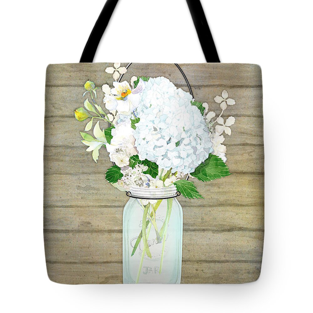 White Hydrangea Tote Bag featuring the painting Rustic Country White Hydrangea n Matillija Poppy Mason Jar Bouquet on Wooden Fence by Audrey Jeanne Roberts