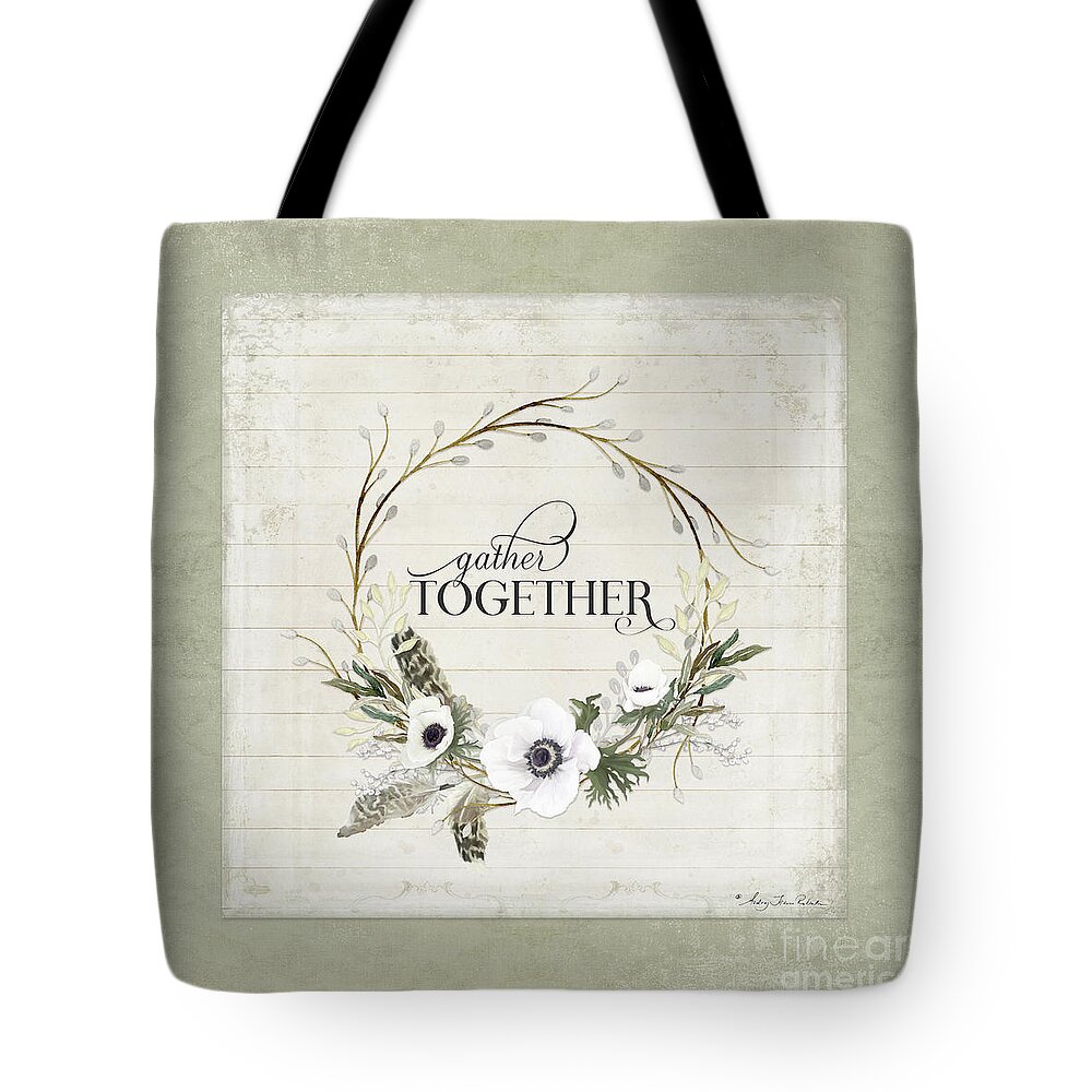 Gather Together Tote Bag featuring the painting Rustic Farmhouse Gather Together Shiplap Wood Boho Feathers n Anemone Floral by Audrey Jeanne Roberts