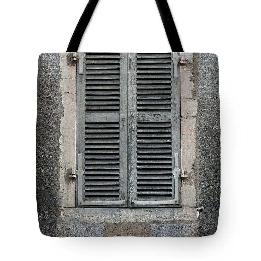 Rustic Tote Bag featuring the photograph Rustic French Window Shutters Vignette 2 by Jani Freimann