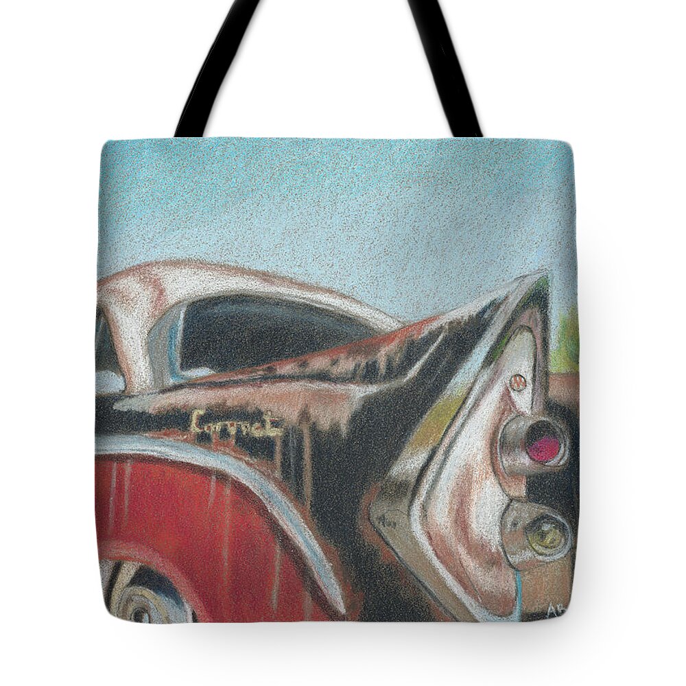 Dodge Tote Bag featuring the painting Rusty Fin by Arlene Crafton