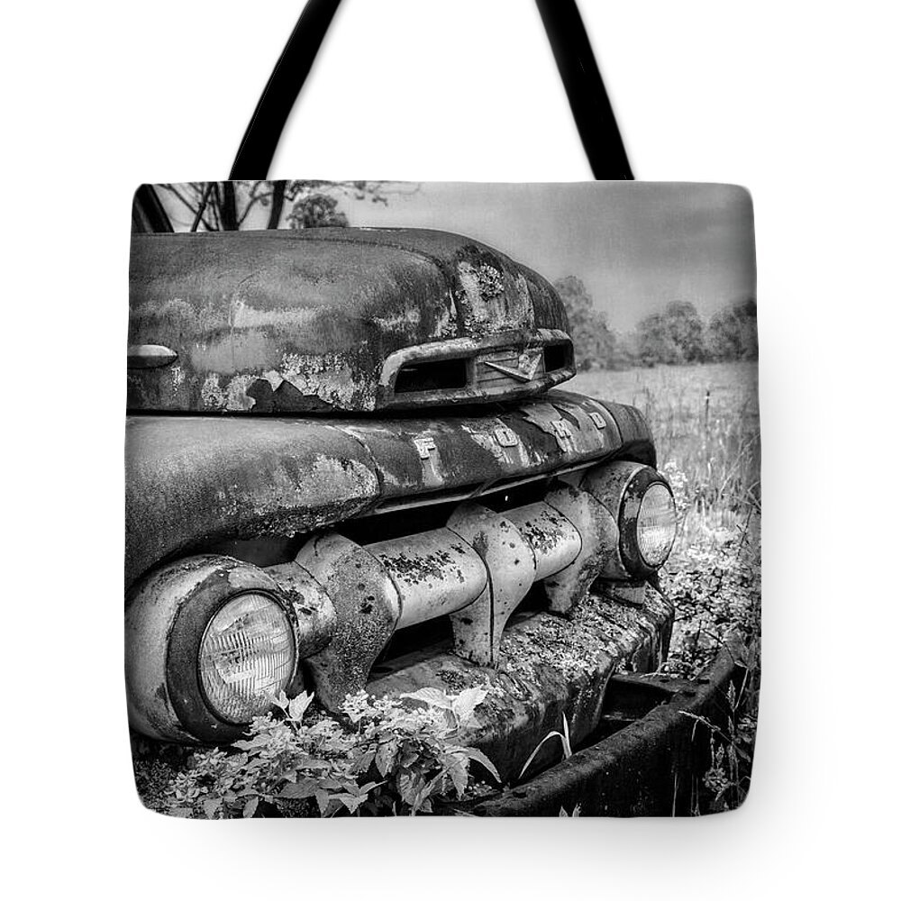 1940s Tote Bag featuring the photograph Rusty Ford in the Country Black and White by Debra and Dave Vanderlaan
