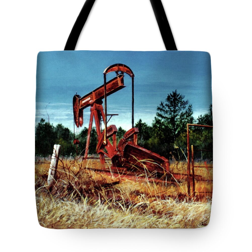 Rusty Tote Bag featuring the painting Rusty Pump Jack by Randy Welborn