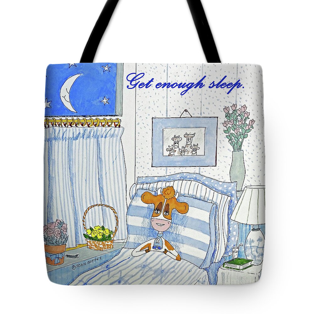 Ruthie-moo Tote Bag featuring the drawing RuthieMoo Get Enough Sleep by Joan Coffey