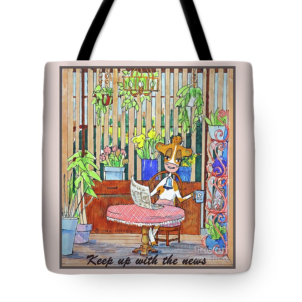 Ruthie-moo Tote Bag featuring the painting RuthieMoo Keep Up With The News by Joan Coffey