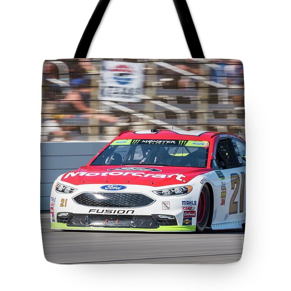 Ryan Blaney Tote Bag featuring the photograph Ryan Blaney driving the woods Brothers #21 at Texas Motor Speedway by Paul Quinn