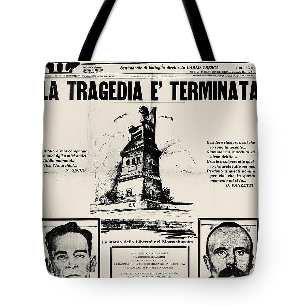 1927 Tote Bag featuring the drawing SACCO and VANZETTI FRONT PAGE by Granger