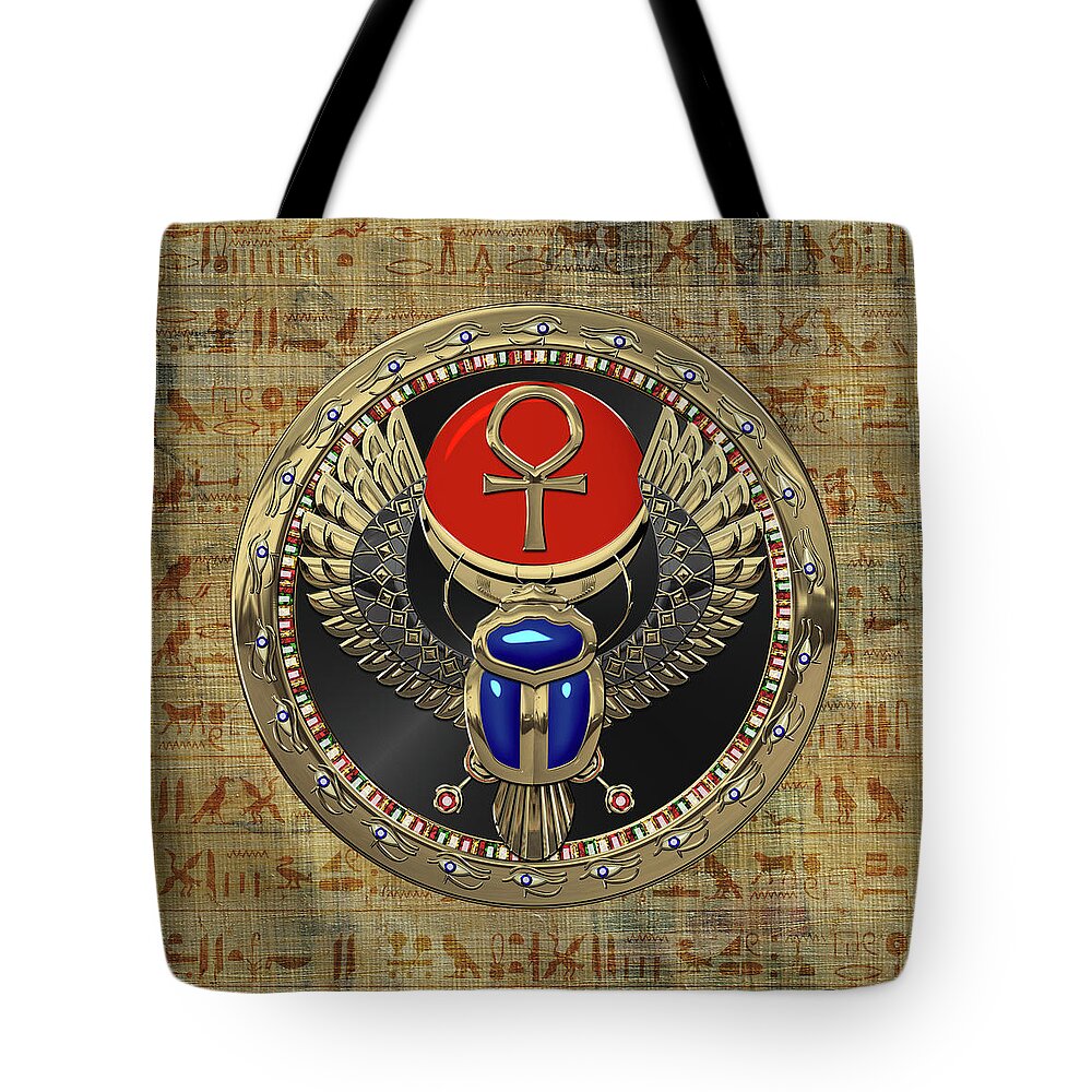 ‘treasures Of Egypt’ Collection By Serge Averbukh Tote Bag featuring the digital art Sacred Egyptian Winged Scarab with Ankh in Gold and Gems over Papyrus Covered with Hieroglyphics by Serge Averbukh