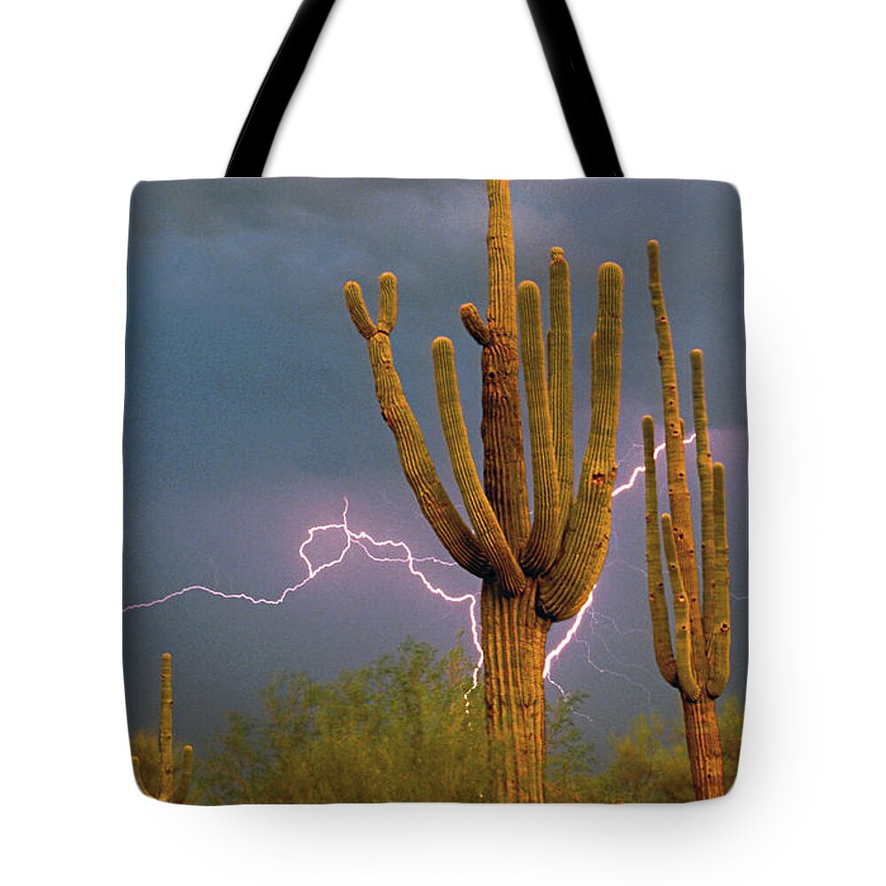 Lightning Tote Bag featuring the photograph Saguaro and Lightning Custom by Joanne West