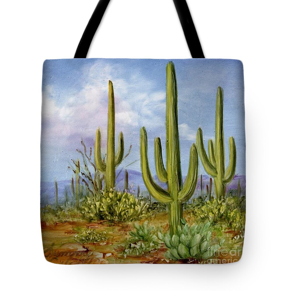 Southwest Tote Bag featuring the painting Saguaro Scene 1 by Summer Celeste