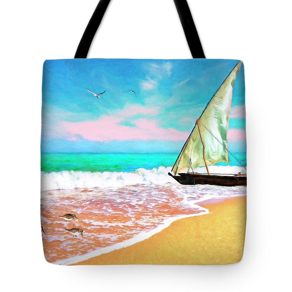 Sail Boat Tote Bag featuring the painting Sail Boat on the Shore by Sandra Selle Rodriguez