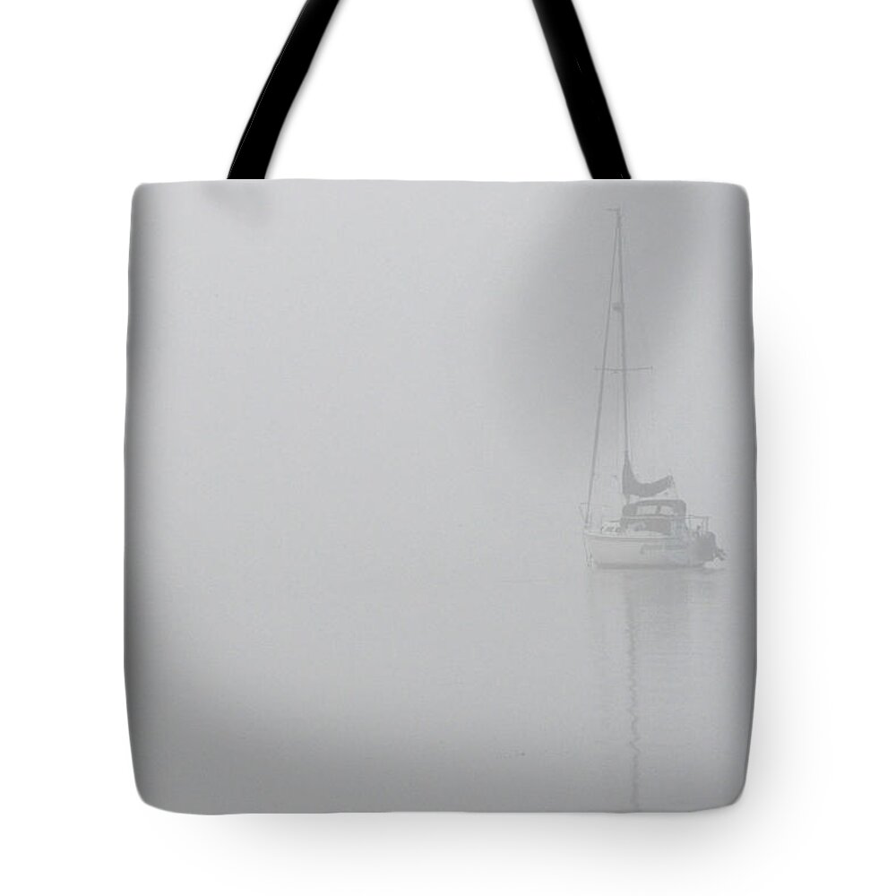 Boat Tote Bag featuring the photograph Sailboat In Fog by Tim Nyberg