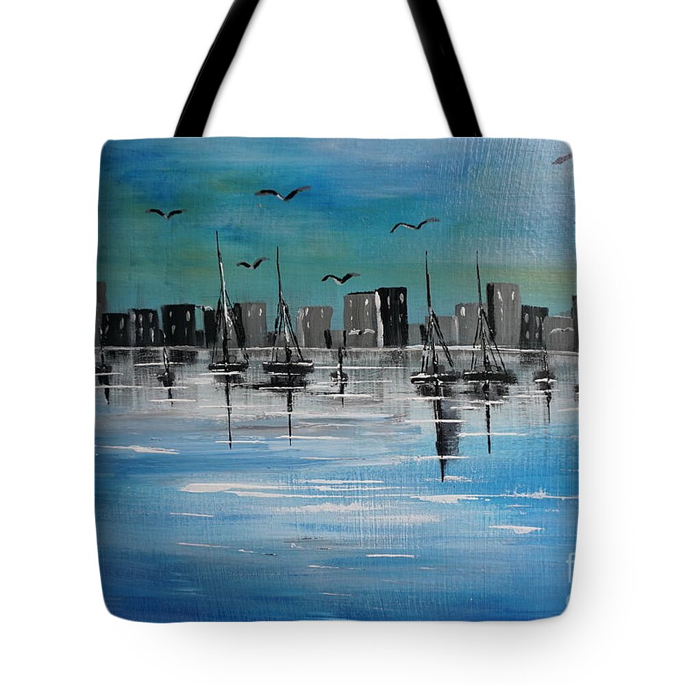 Sailboats Tote Bag featuring the painting Sailboats and CityScape by Jimmy Clark
