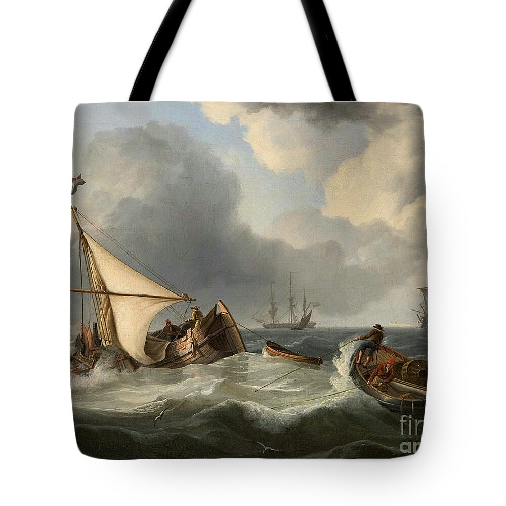 Charles Martin Powell Tote Bag featuring the painting Sailboats And Fishing Boats In Rough Sea by MotionAge Designs