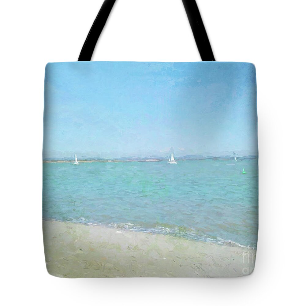 Beach Tote Bag featuring the digital art Sailboats at West Wittering by Jayne Wilson