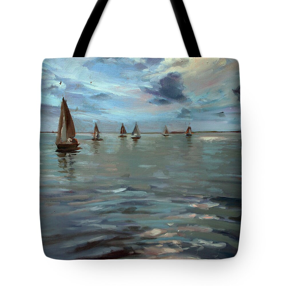 Sailboats Tote Bag featuring the painting Sailboats on the Chesapeake bay by Susan Bradbury