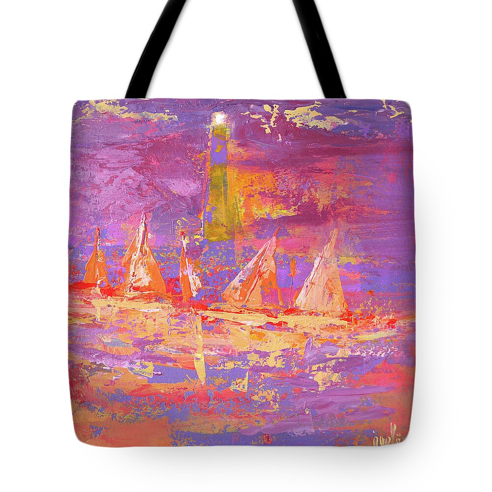 Sailboats Tote Bag featuring the painting Sailboats with lighthouse at sunrise by Julianne Felton