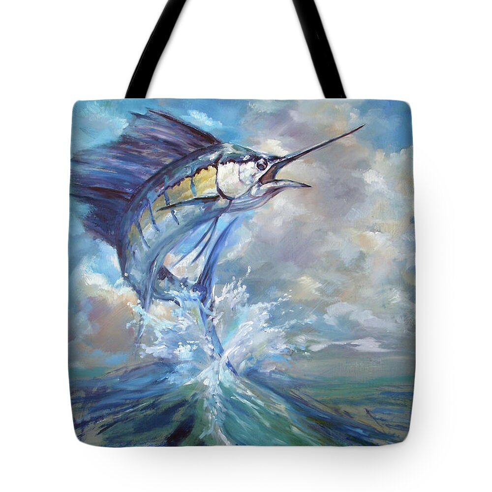 Fish Tote Bag featuring the painting Sailfish and Frigate by Tom Dauria