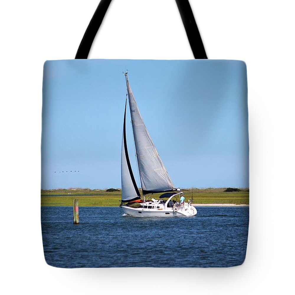 Boat Tote Bag featuring the photograph Sailing At Masonboro Island by Cynthia Guinn
