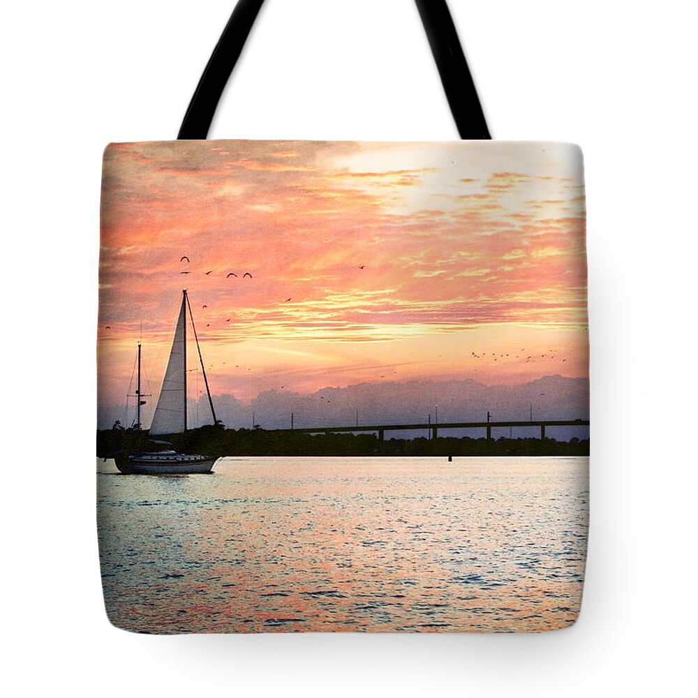 Boat Tote Bag featuring the photograph Sailing at Sunset by Stephanie Frey