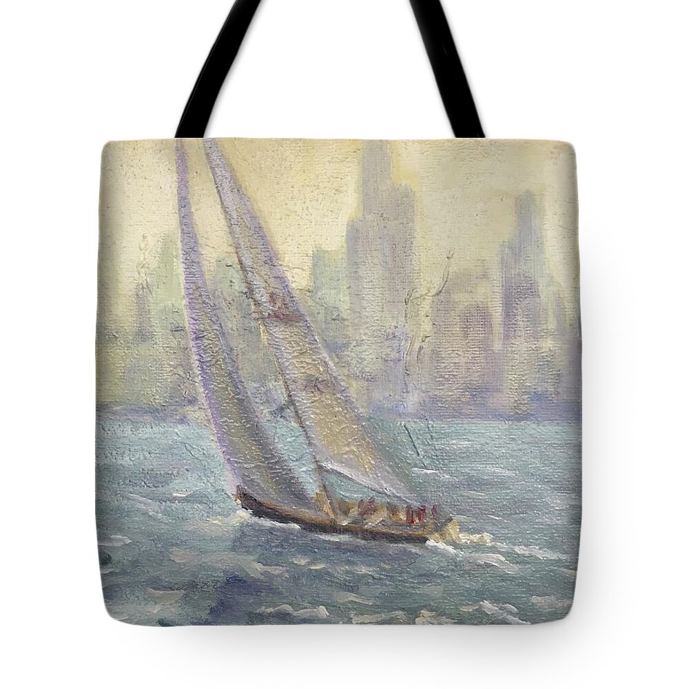 Sailboat Tote Bag featuring the painting Sailing Chicago by Will Germino