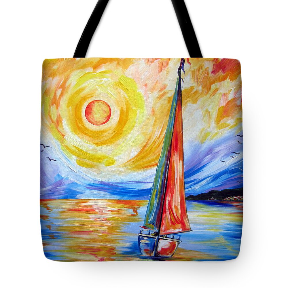 Sails Tote Bag featuring the painting Sailing In The Hot Summer Sunset by Roberto Gagliardi