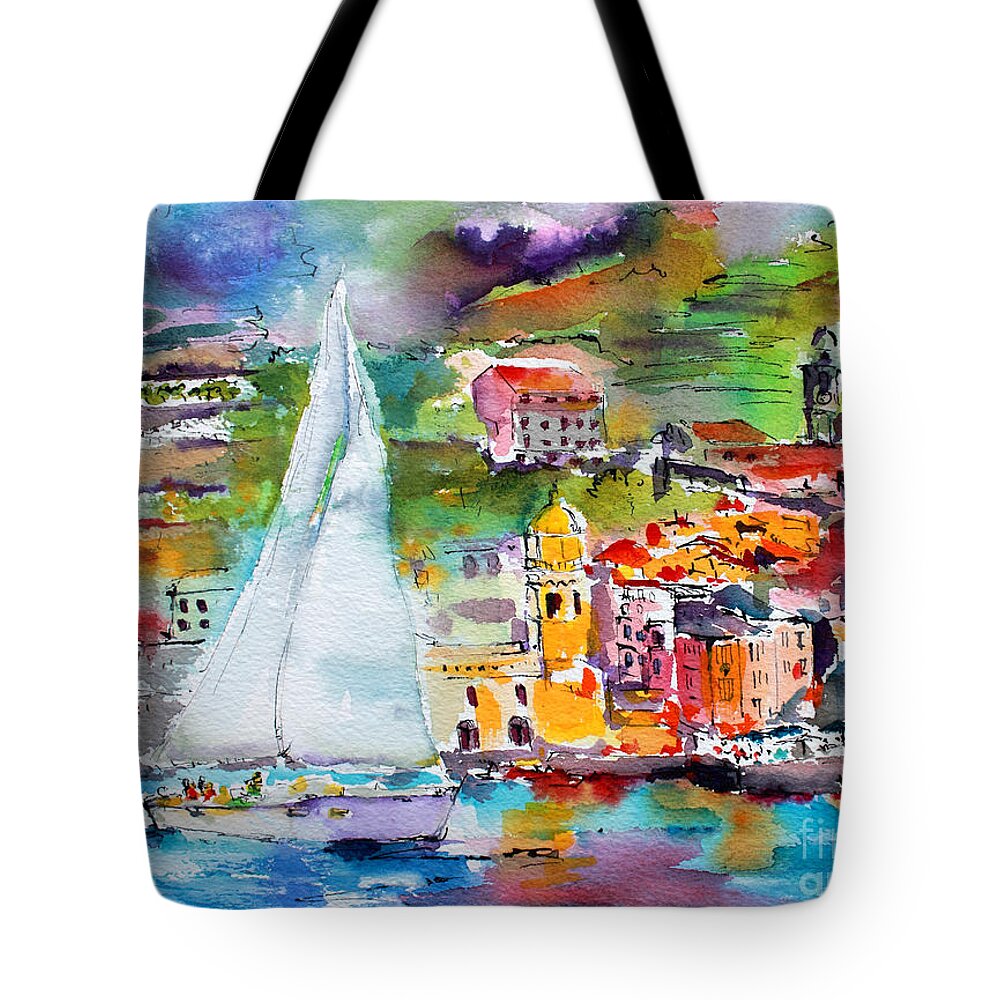 Vernazza Tote Bag featuring the painting Sailing Past Vernazza Italy by Ginette Callaway