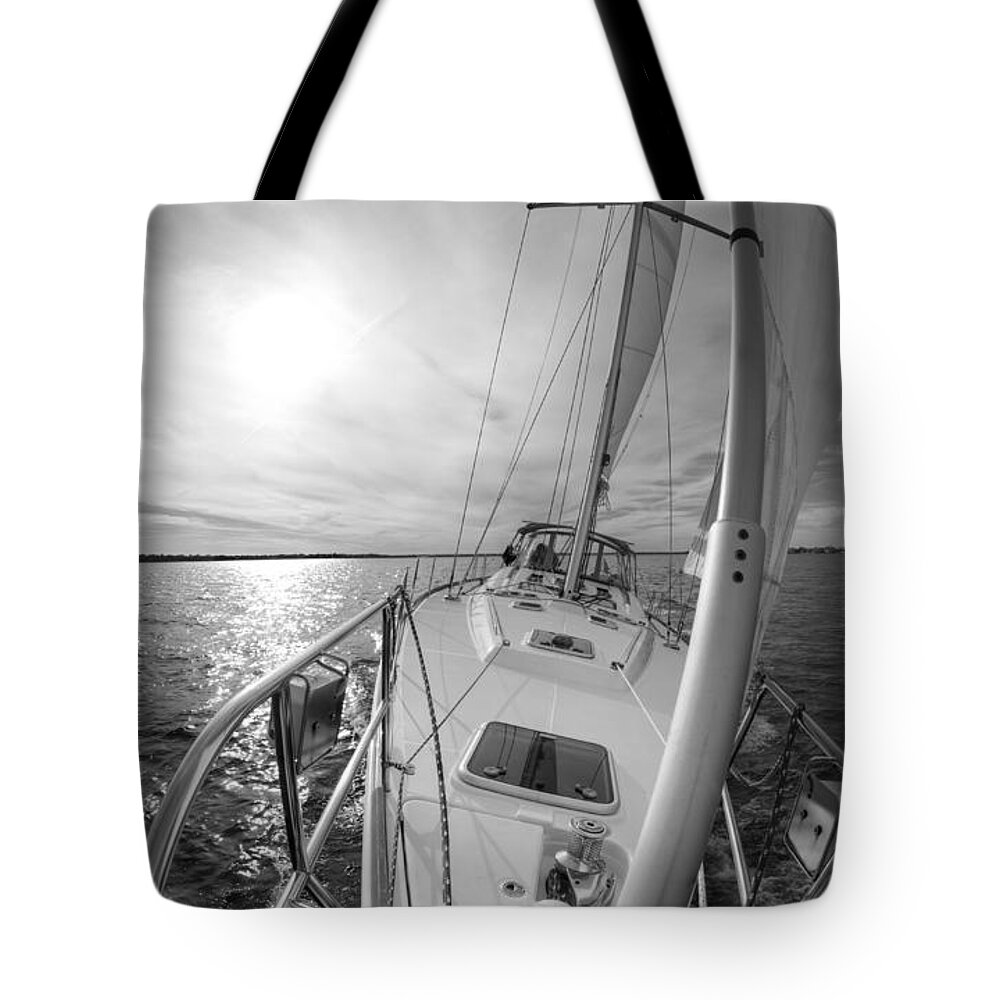 Sailing Yacht Tote Bag featuring the photograph Sailing Yacht Fate Beneteau 49 Black and White by Dustin K Ryan
