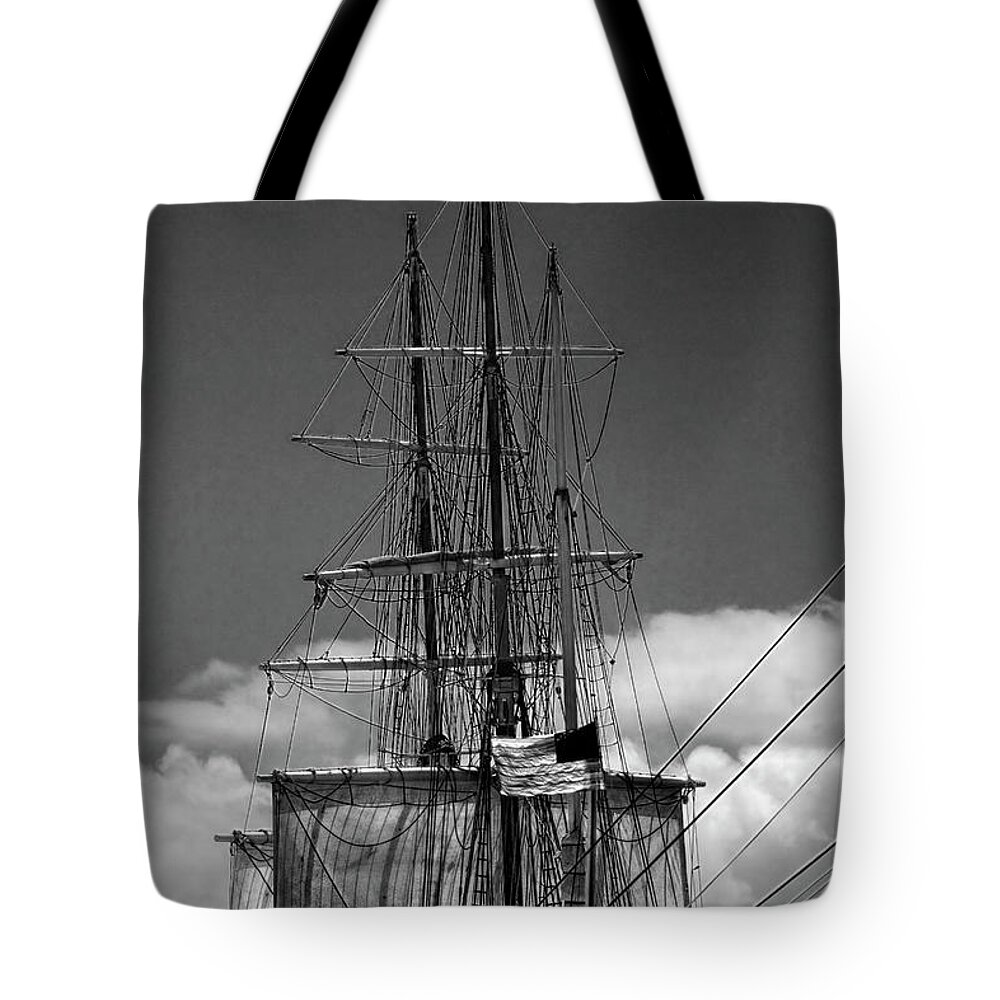 Art Tote Bag featuring the photograph Sails and Mast Riggings on a Tall Ship in Black and White by Randall Nyhof