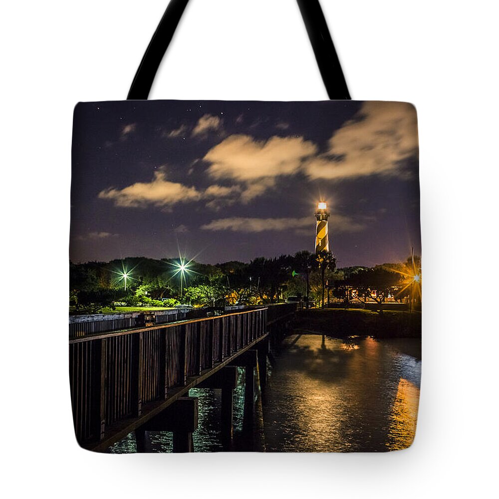 America Tote Bag featuring the photograph Saint Augustine Lighthouse At Night by Traveler's Pics