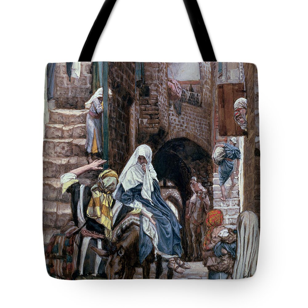 Joseph Tote Bag featuring the painting Saint Joseph Seeks Lodging in Bethlehem by Tissot