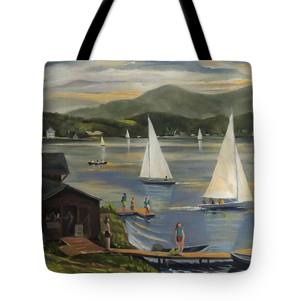 Sailing Tote Bag featuring the painting Sailing at Lake Morey Vermont by Nancy Griswold