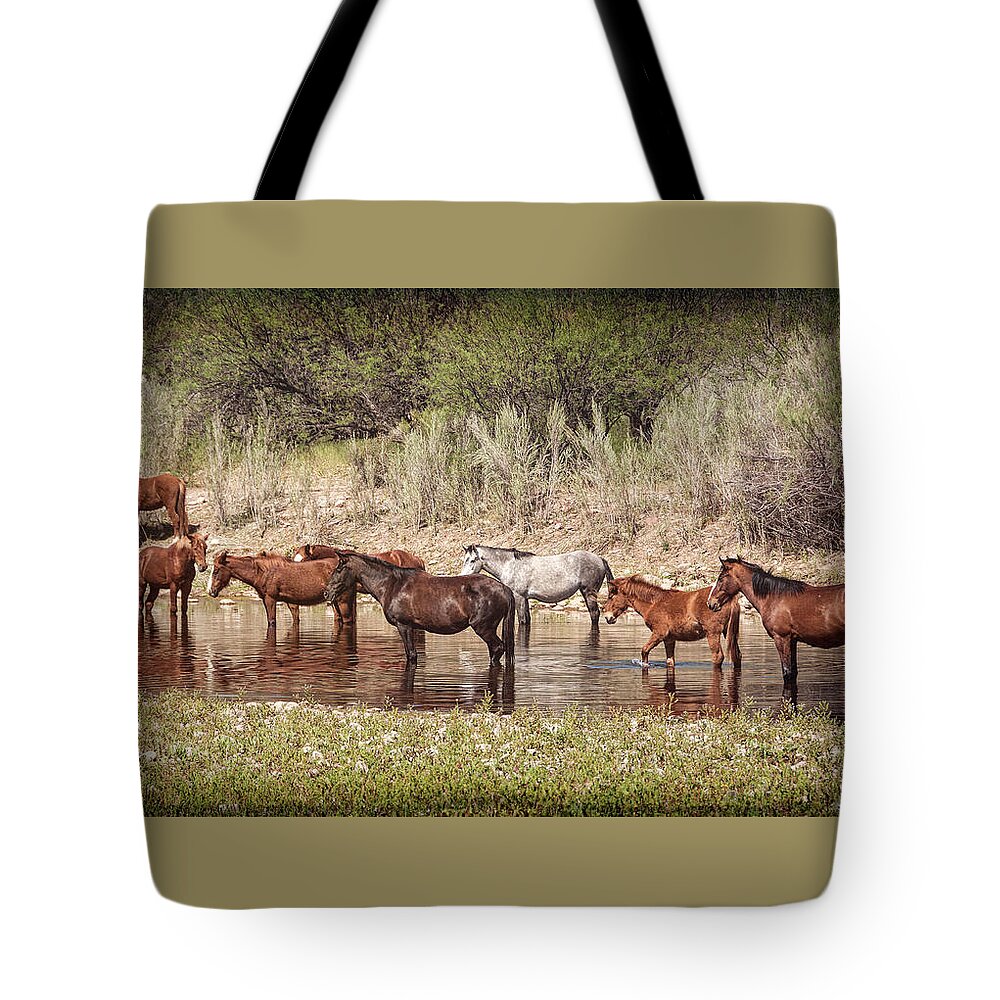 Wild Horses Tote Bag featuring the photograph Salt River Wild Horses Riverside by Saija Lehtonen