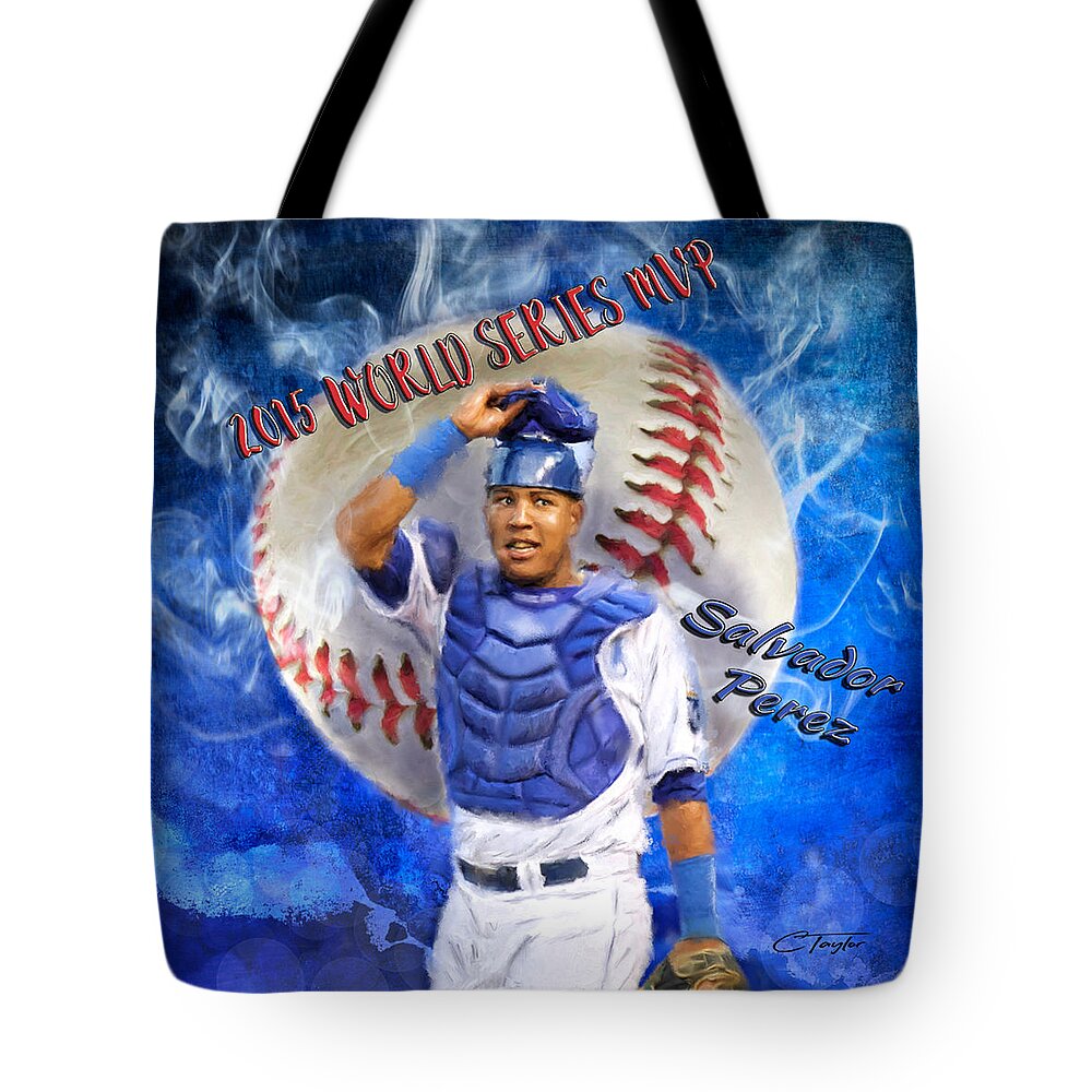 Salvie Tote Bag featuring the painting Salvador Perez 2015 World Series MVP by Colleen Taylor