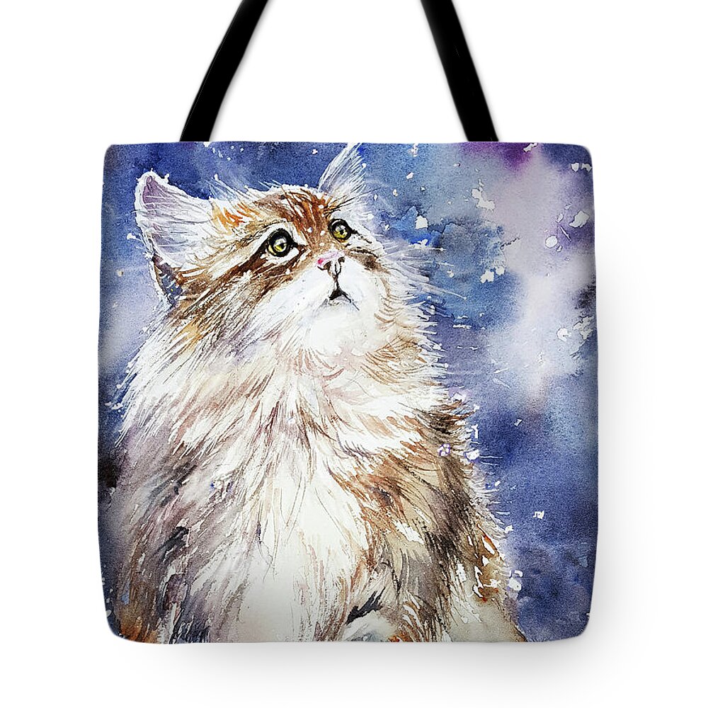 Cat Tote Bag featuring the painting Sammy on Snow by Arti Chauhan