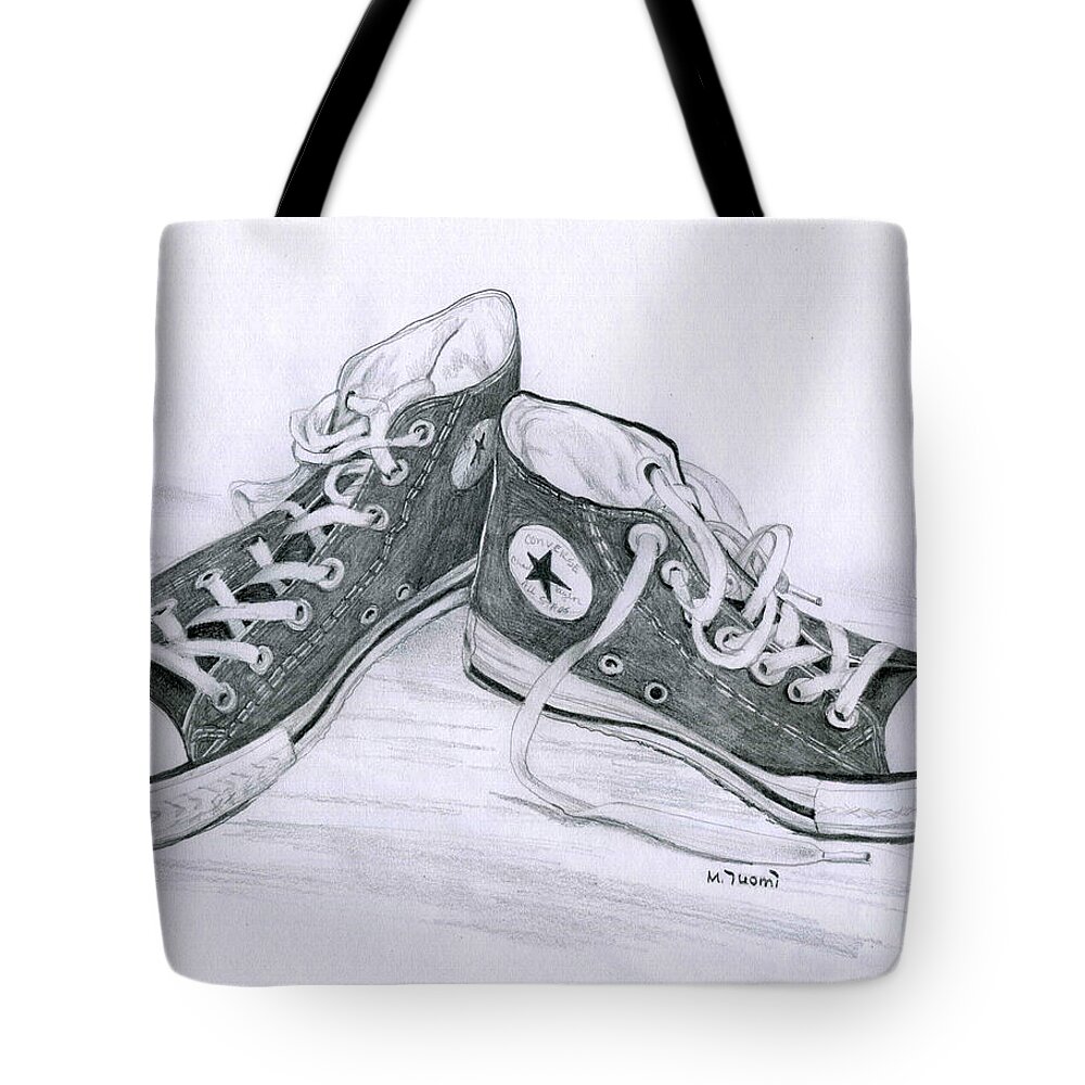 Converse Tote Bag featuring the drawing Sam's Shoes by Mary Tuomi