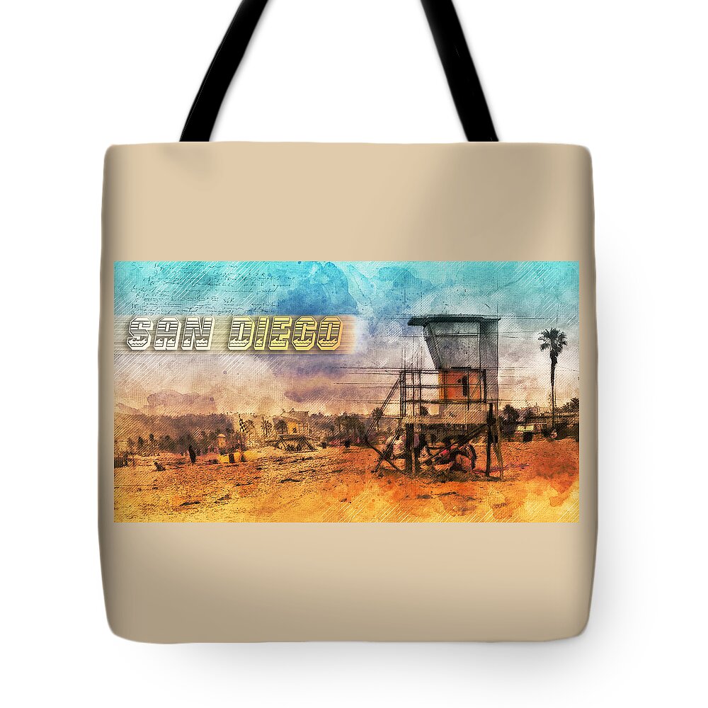 San Diego Tote Bag featuring the mixed media San Diego Lifeguard Tower by Bryant Coffey