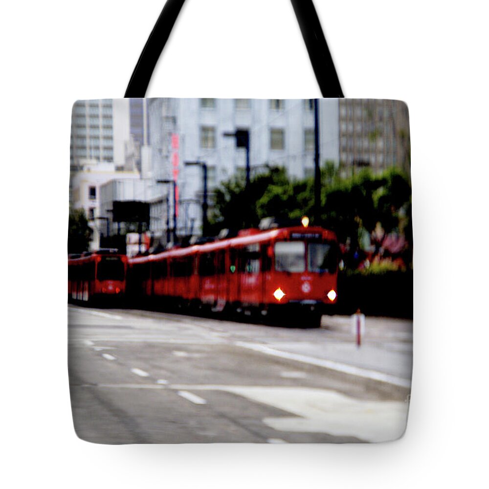 Red Trolley Tote Bag featuring the photograph San Diego Red Trolley by Linda Shafer