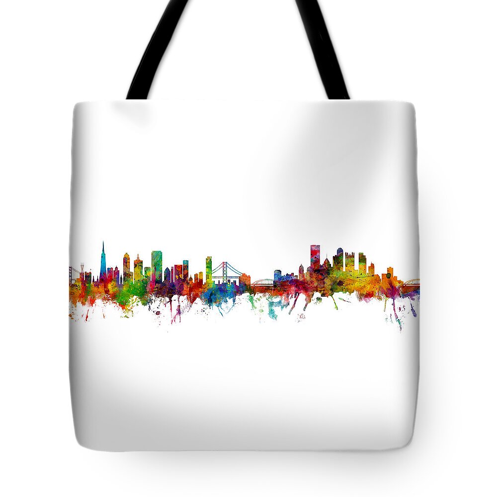 Pittsburgh Tote Bag featuring the digital art San Francisco and Pittsburgh Skylines Mashup by Michael Tompsett