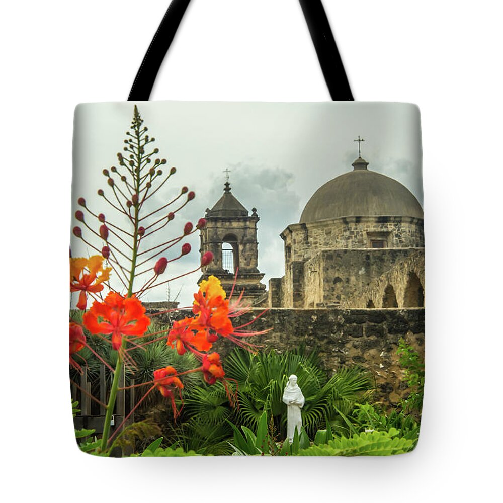San Antonio Tote Bag featuring the photograph Mission San Jose with Pride of Barbados by Michael Tidwell