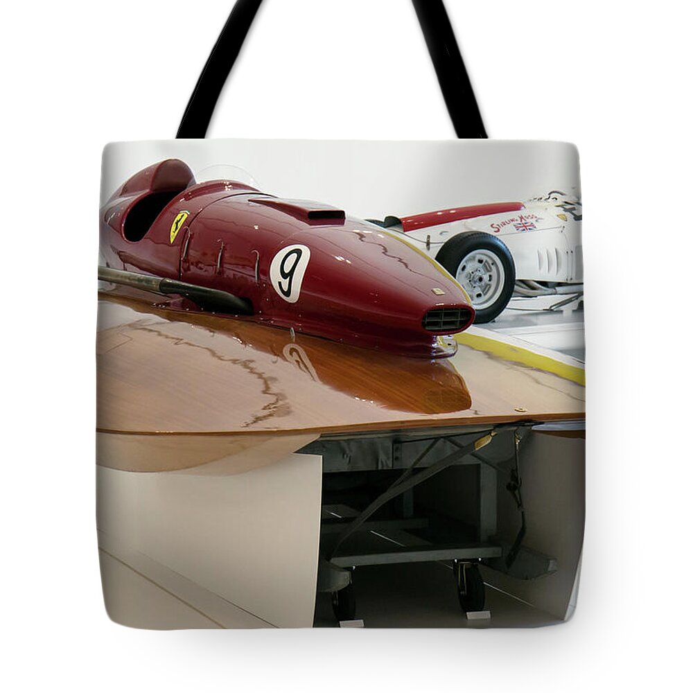 San Marco-ferrari Racing Boat (1957) Front-right Enzo Ferrari Museum Tote Bag featuring the photograph San Marco Ferrari racing boat 1957 front right Enzo Ferrari Museum by Paul Fearn