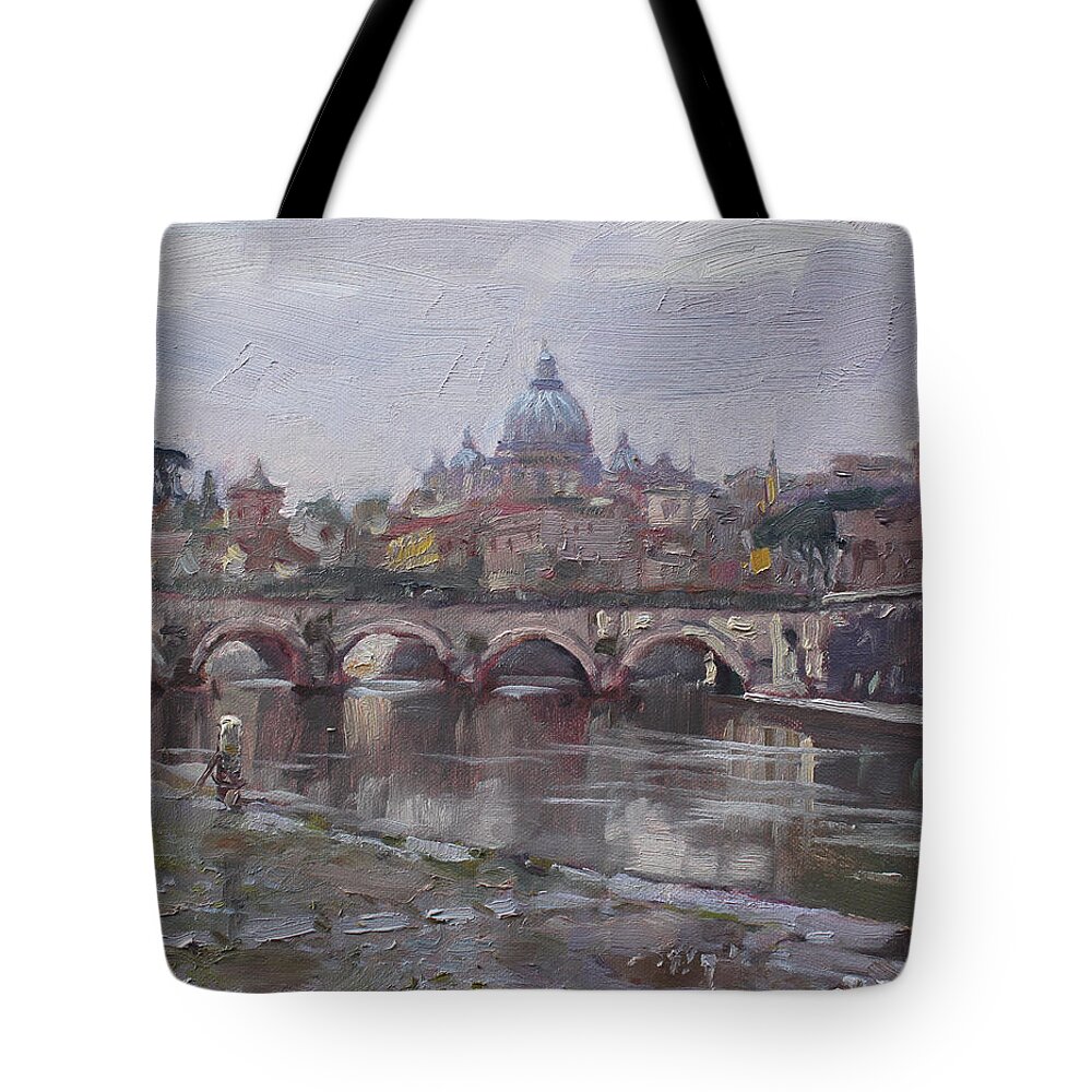 San Pietro Tote Bag featuring the painting San Pietro in a Rainy Day Rome by Ylli Haruni