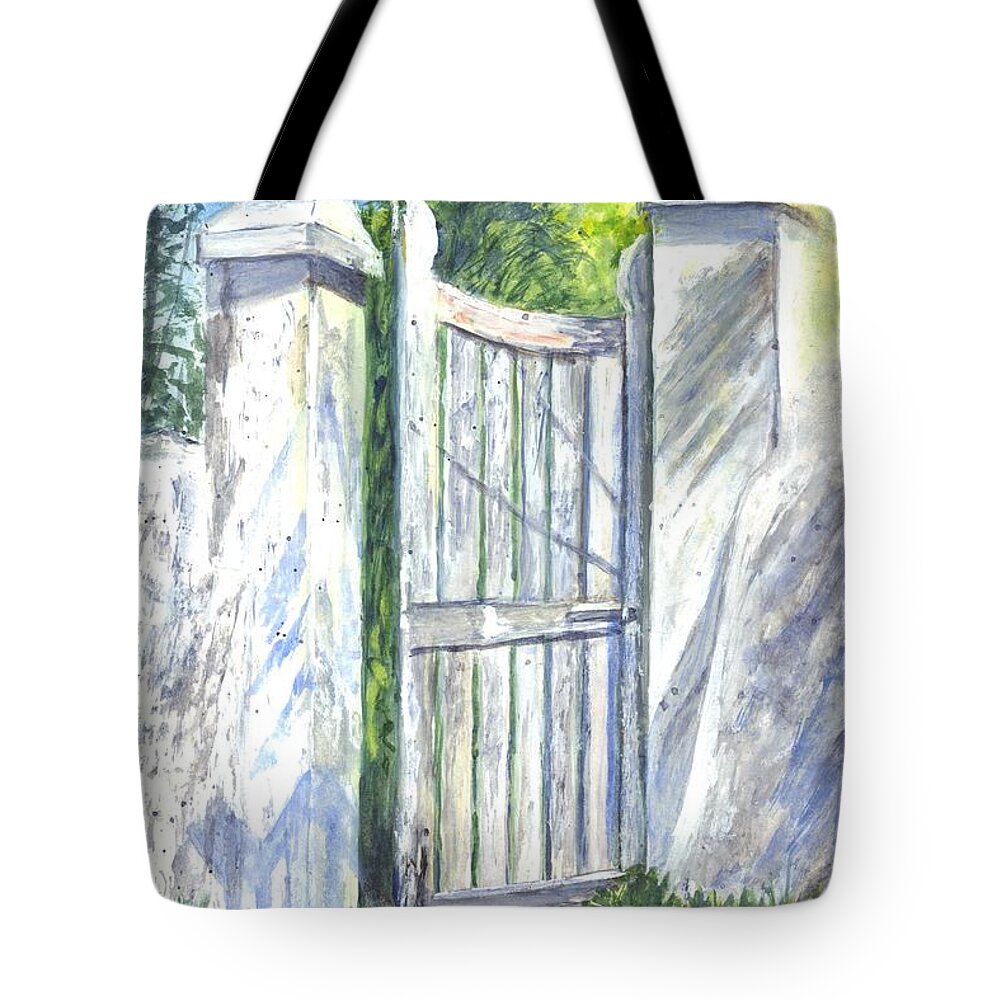 Gate Tote Bag featuring the painting San Salvadore Bahamas Lighthouse Keepers Gate by Carol Wisniewski