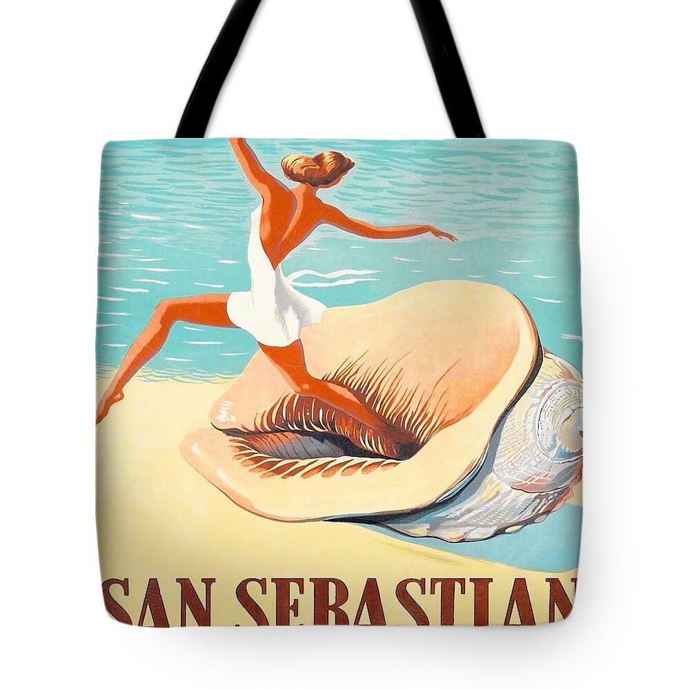 San Sebastian Tote Bag featuring the painting San Sebastian, Spain, woman coming from a sea shell by Long Shot