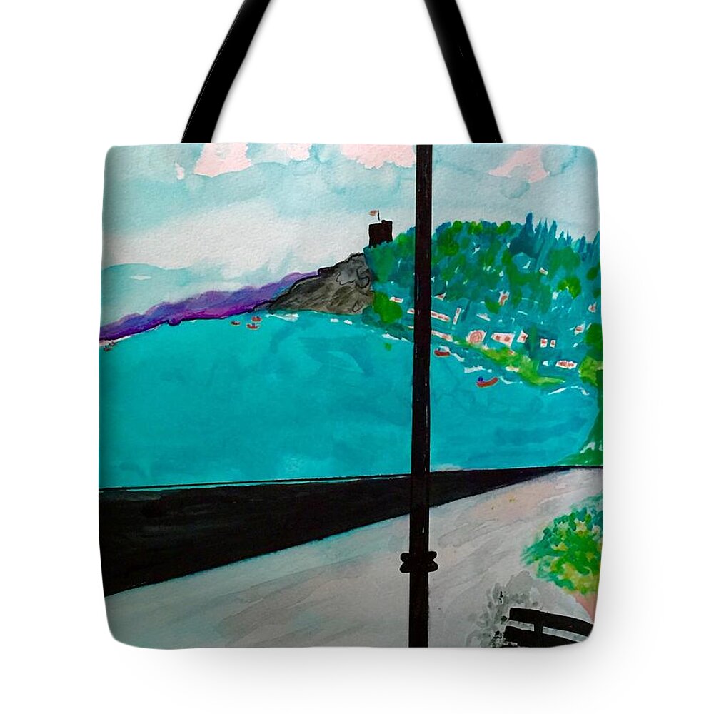 Italy Tote Bag featuring the painting San Terenzo Castle, Poets Bay, Liguria, Italy by Kenlynn Schroeder