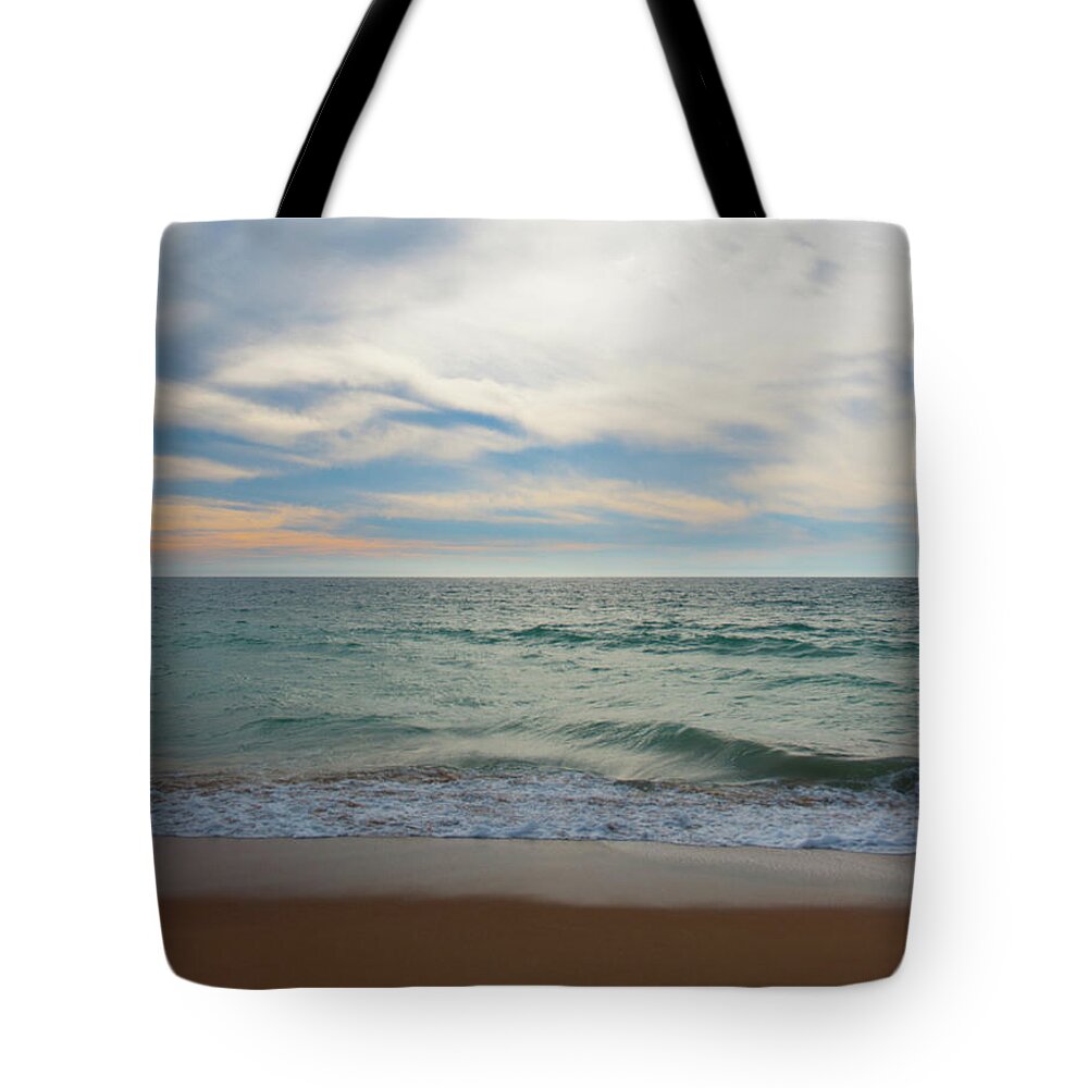 Seascape Tote Bag featuring the photograph Sand, Sea and Sky by Helen Jackson