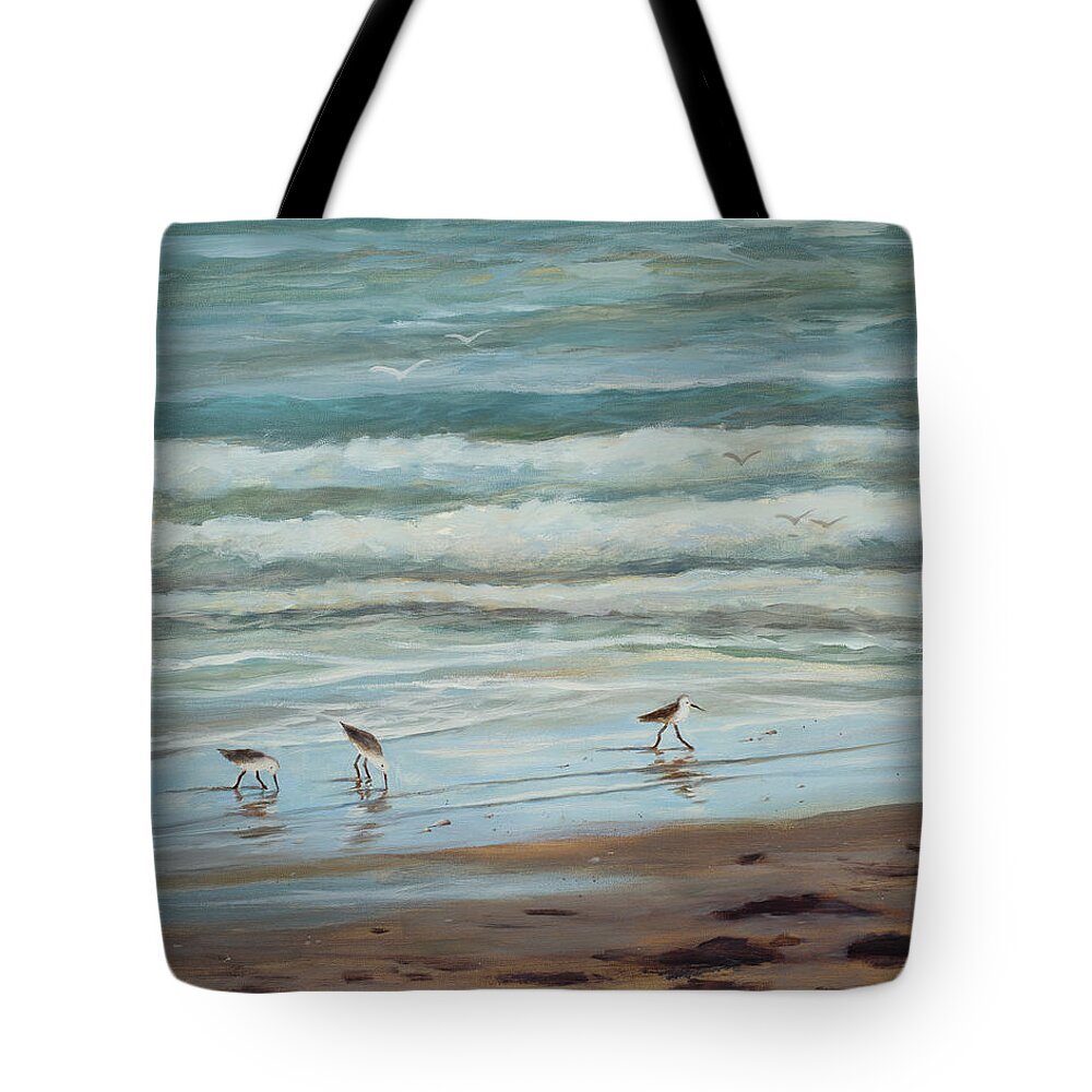 Three Little Sandpipers Tote Bag featuring the painting Sandpipers Vl by Tina Obrien