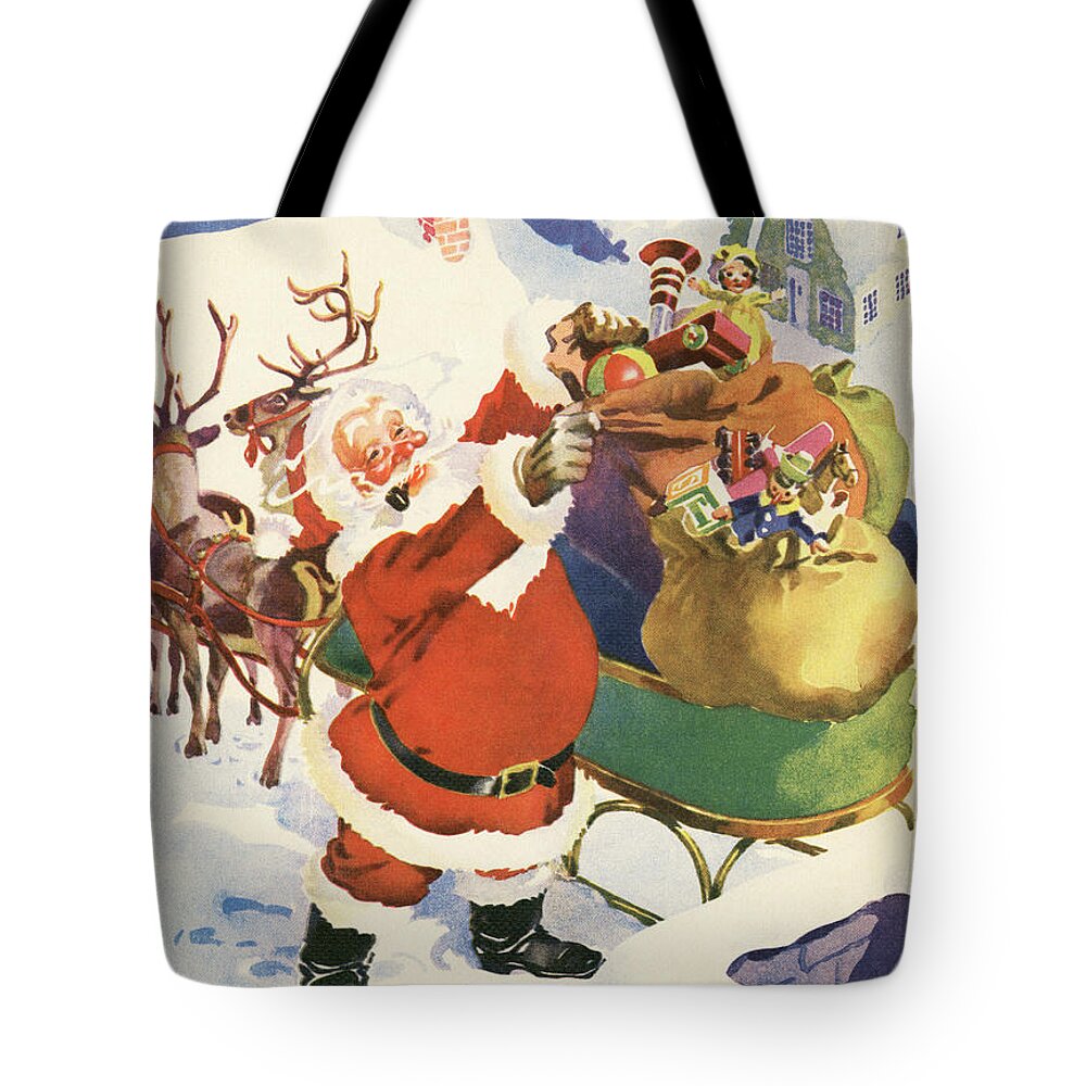 Reindeer Tote Bag featuring the painting Santa and His Bags of Toys on Christmas Eve by American School