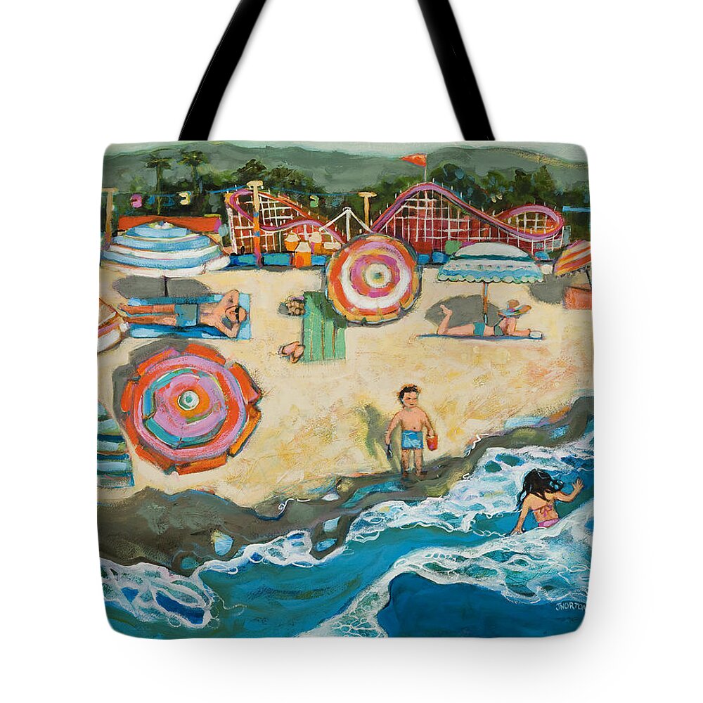 Beach Tote Bag featuring the painting Santa Cruz Beach Boardwalk by Jen Norton